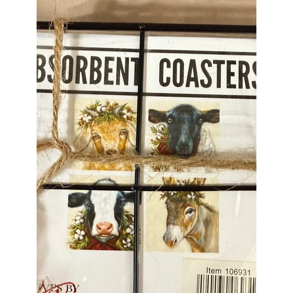 New Absorbent Farm Animal Stone Coaster‎ Set Of 4 With Holder